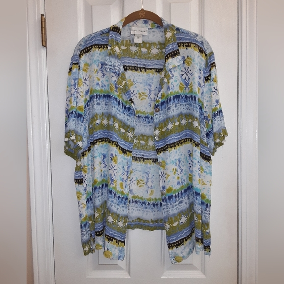 1X (18/20) Anna Maxwell Printed Ikat/Tribal Inspired Button Up Shirt Blue/Green - Picture 5 of 7
